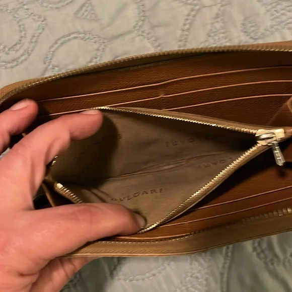 Bvlgari Light Brown Pebble Grain Leather Long Zipper Wallet